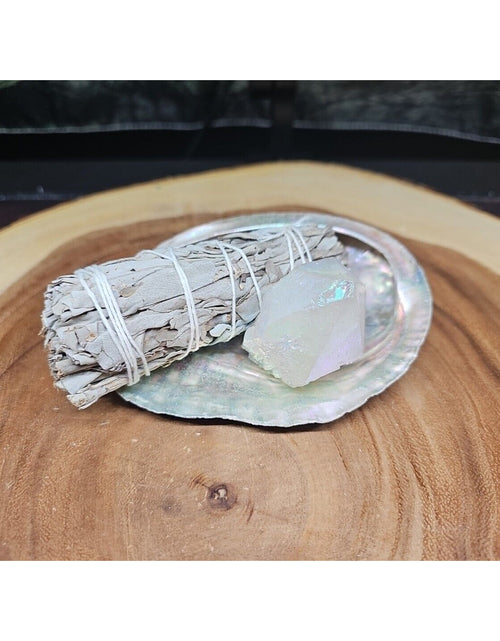 Load image into Gallery viewer, Large Abalone Shell 5-6&quot;: Smudging Sage Sticks Display Sea Shell W/Quartz Point
