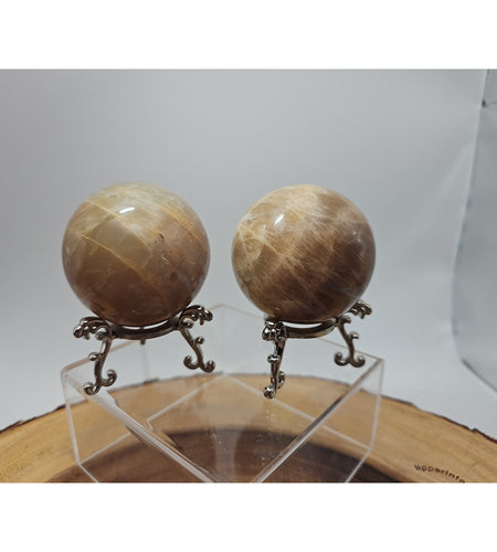 Peach Moonstone Spheres 1 Pair 55mm Each W/Stands