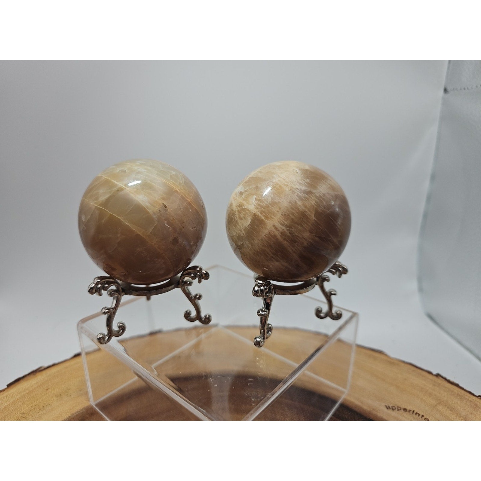 Peach Moonstone Spheres 1 Pair 55mm Each W/Stands
