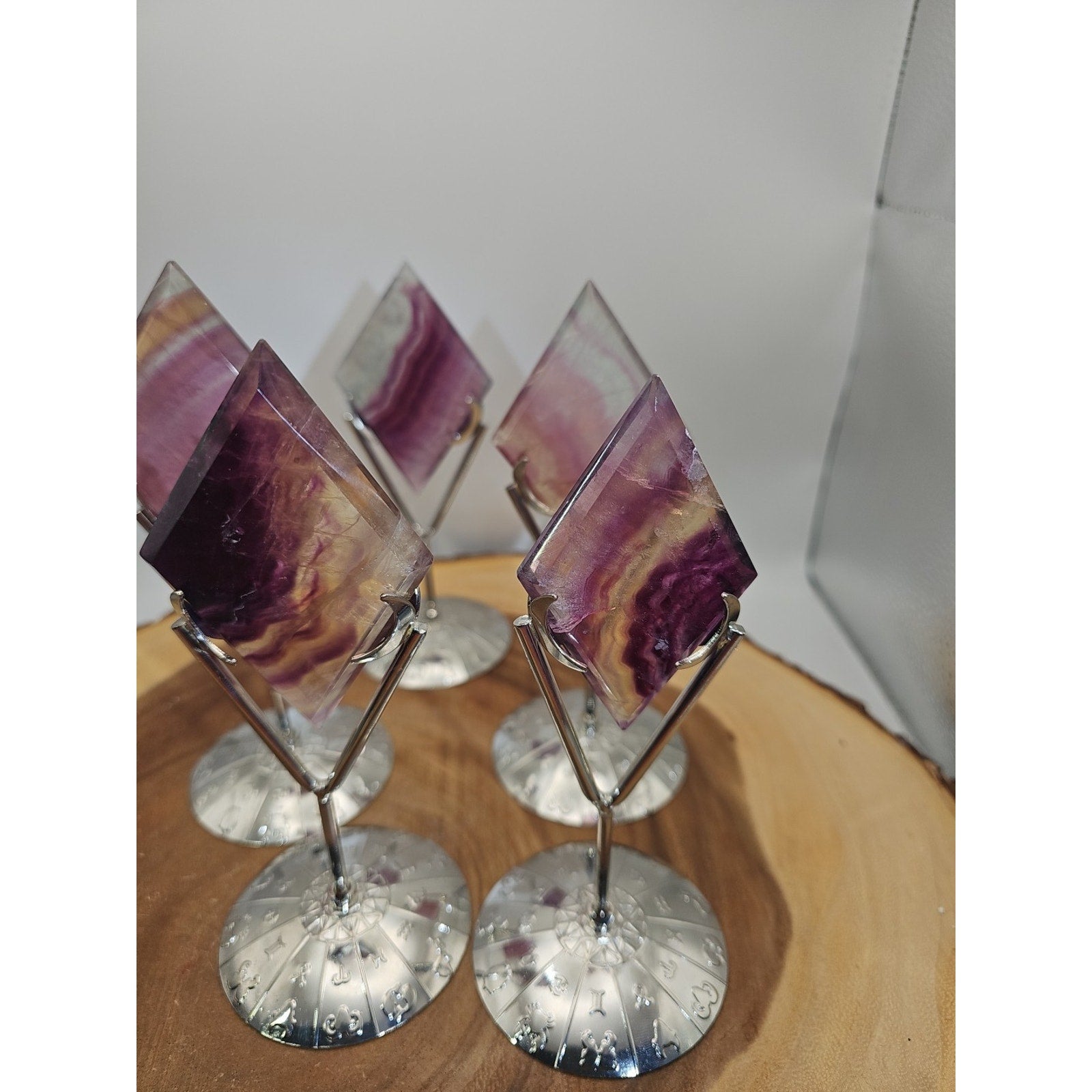 1 Each Natural Rainbow Fluorite Diamond W/ Zodiac stand