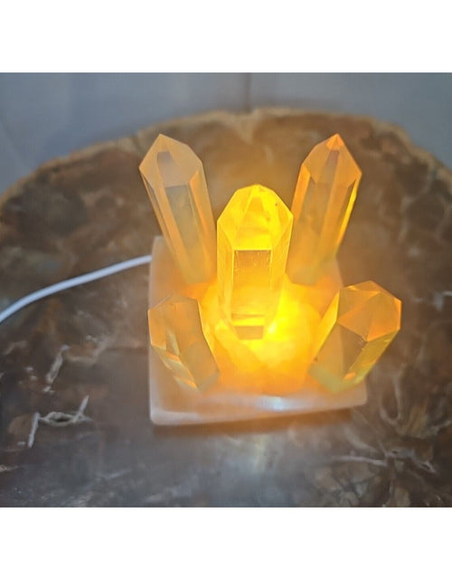 Load image into Gallery viewer, 1.34LB 5Pcs Yellow Smelt Quartz Crystal Point W/Selenite Charging Base &amp; Led
