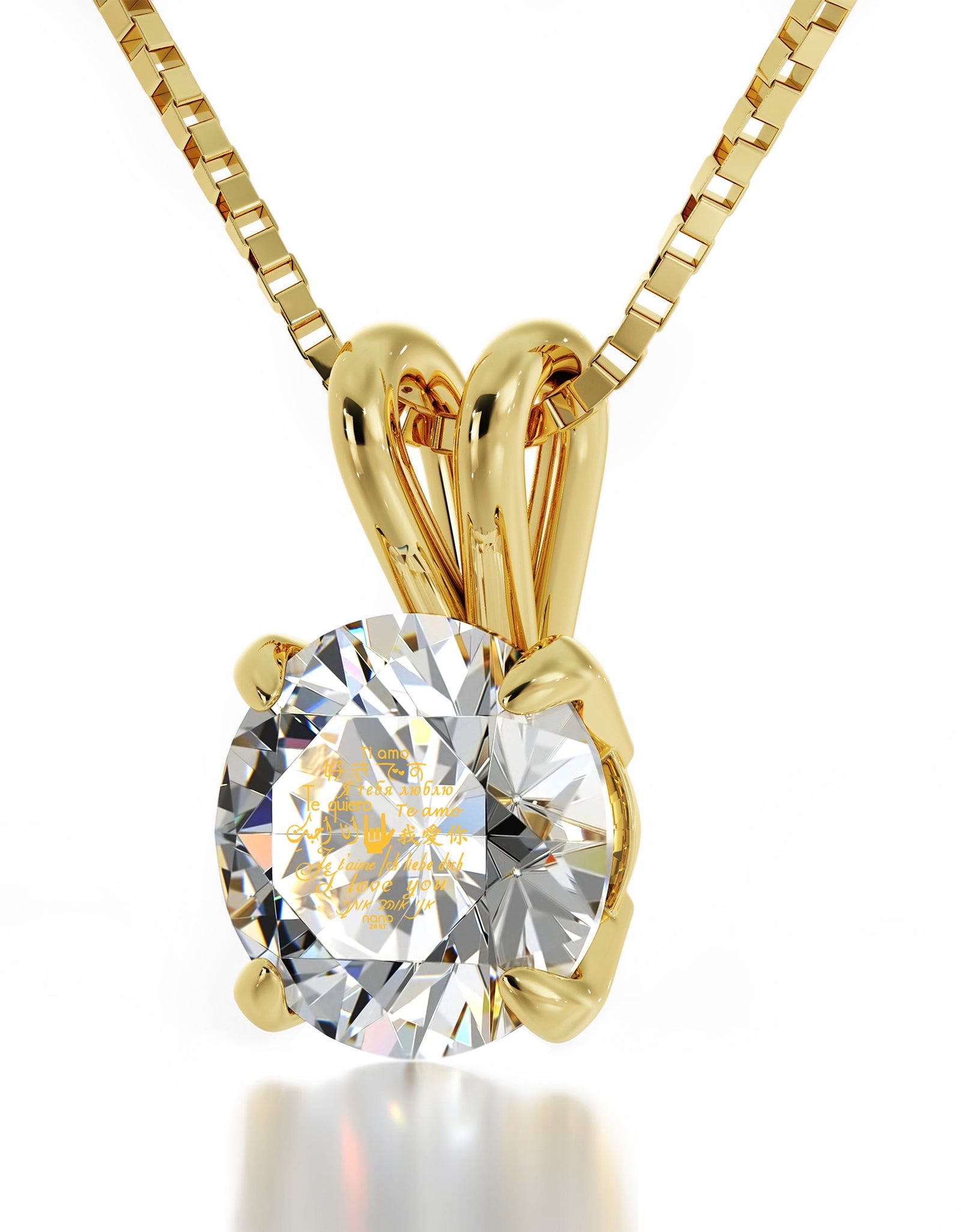 14k Yellow Gold I Love You Necklace Solitaire Pendant 12 Languages 24k Gold Inscribed