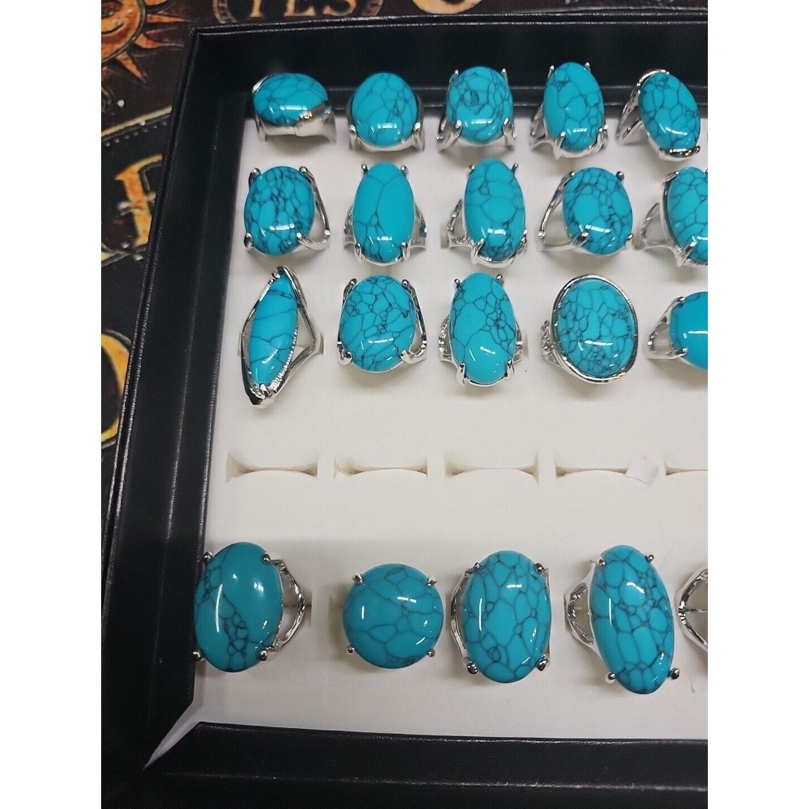 Wholesale Stone Ring Lot 40pcs W/ Box Multiple sizes Turquoise pattern