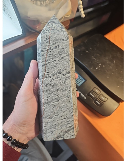 Load image into Gallery viewer, 3.69LB 1Pcs Natural Gray Crazy Lace Jasper Crystal Point Tower Healing
