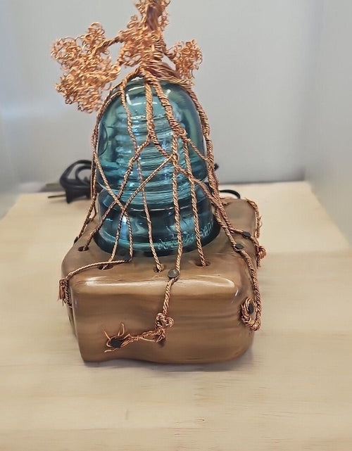 Load image into Gallery viewer, Copper Wire Bonsai Tree On Lighted Glass Insulator And Wood Base 10&quot; Handcrafted
