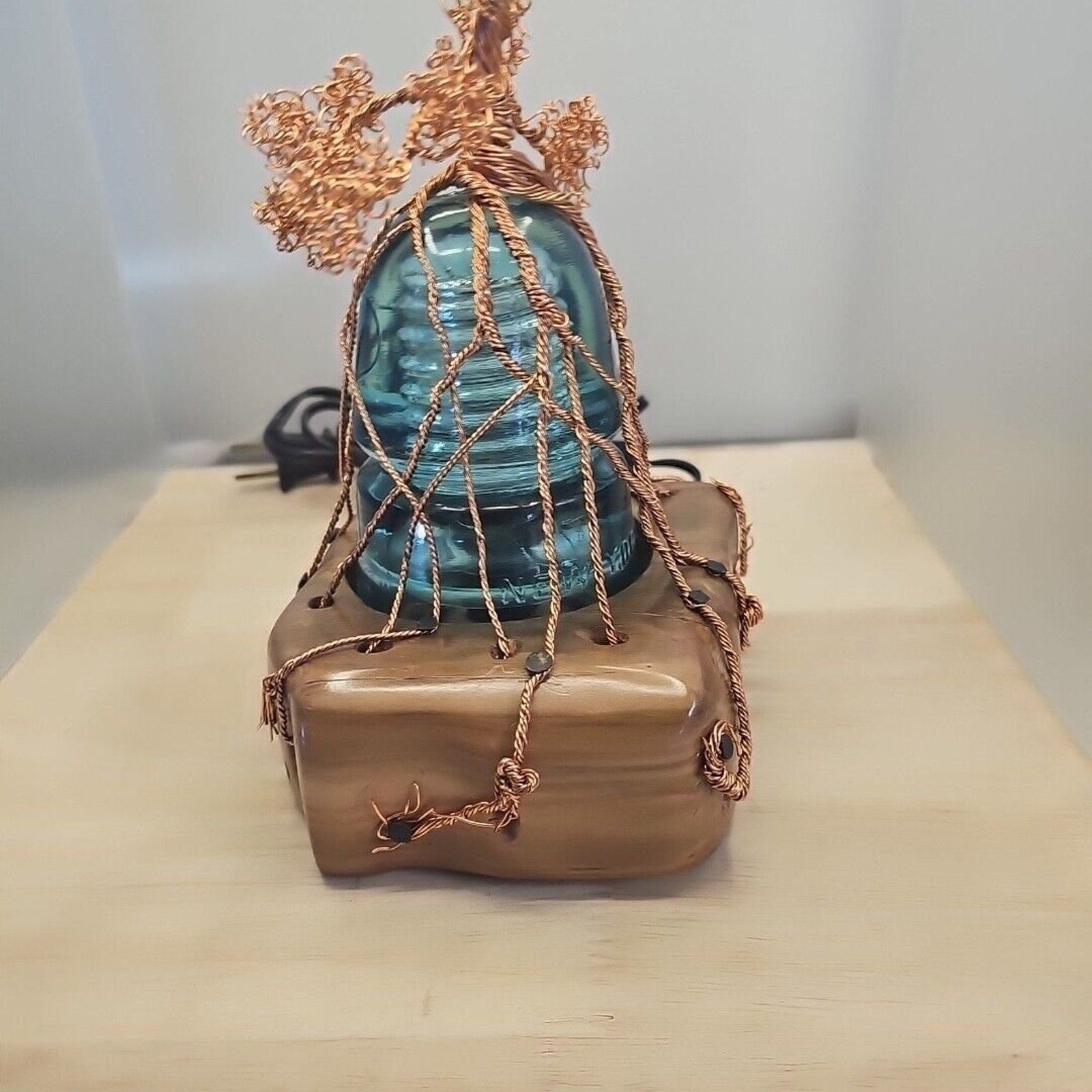 Copper Wire Bonsai Tree On Lighted Glass Insulator And Wood Base 10" Handcrafted