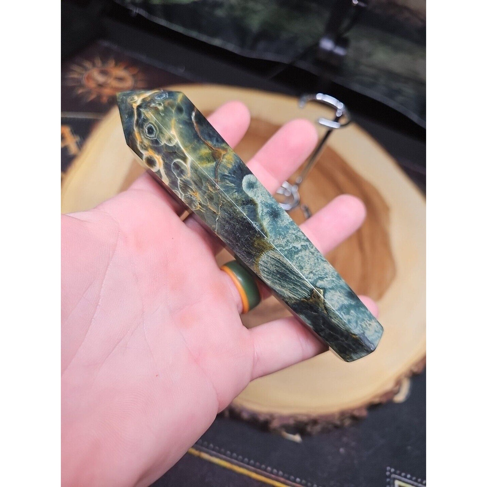 Moss Agate Generator W/Stand 220grams