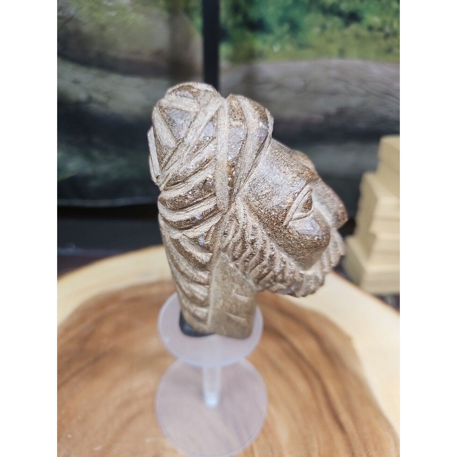 Vintage ABSTRACT STONE HEAD Sculpture Stone 1 lb W/Stand