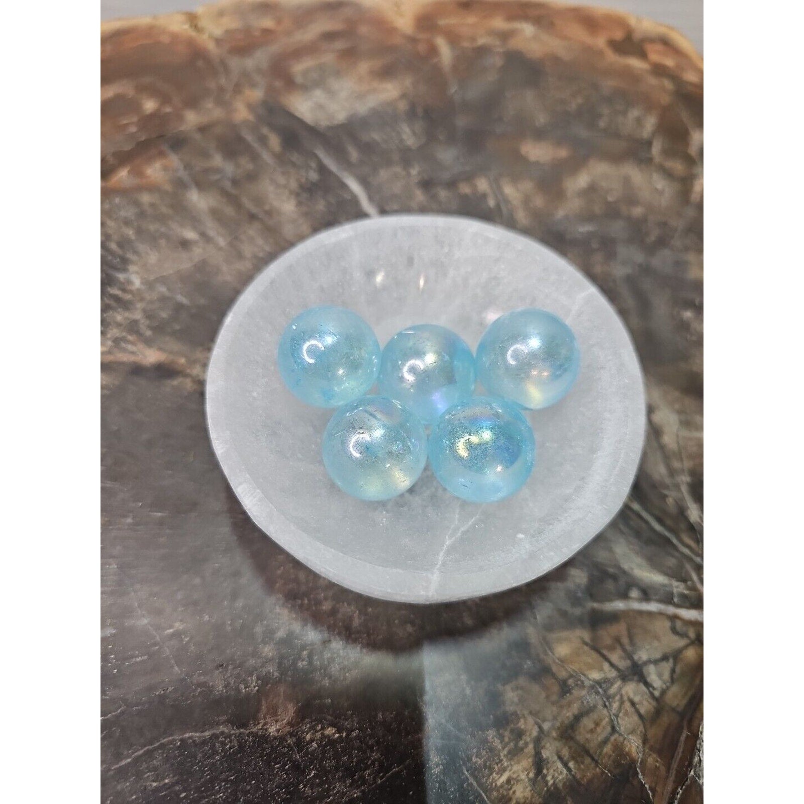 5Pcs 224g Blue Rainbow Aqua Aura Quartz Crystal Sphere Balls with Selenite Bowl