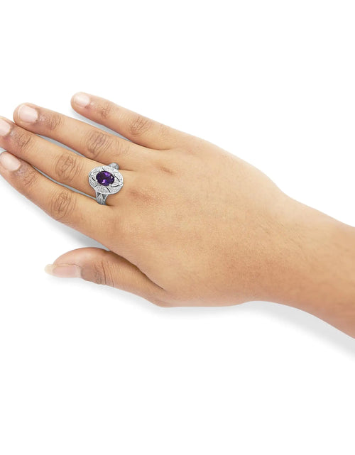 Load image into Gallery viewer, .925 Sterling Silver 9x7mm Oval Purple Amethyst and Round Diamond Accent Fashion Cocktail Ring (I-J Color, I1-I2 Clarity)
