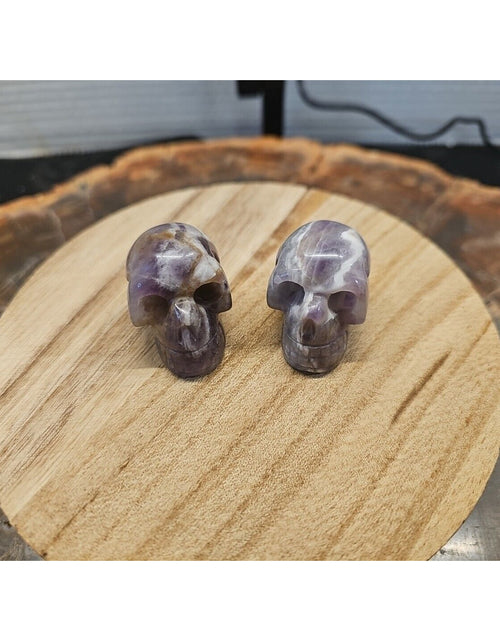 Load image into Gallery viewer, 1 Pair DREAM AMETHYST CRYSTAL SKULLS 93g BEAUTIFUL AMETHYST DISPLAY ☠️
