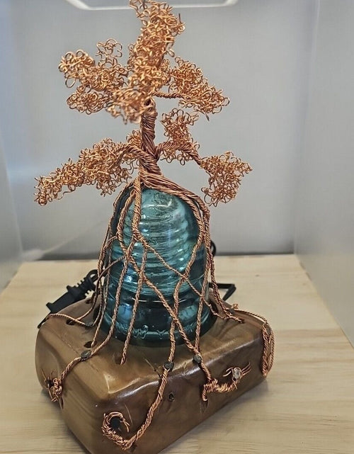 Load image into Gallery viewer, Copper Wire Bonsai Tree On Lighted Glass Insulator And Wood Base 10&quot; Handcrafted
