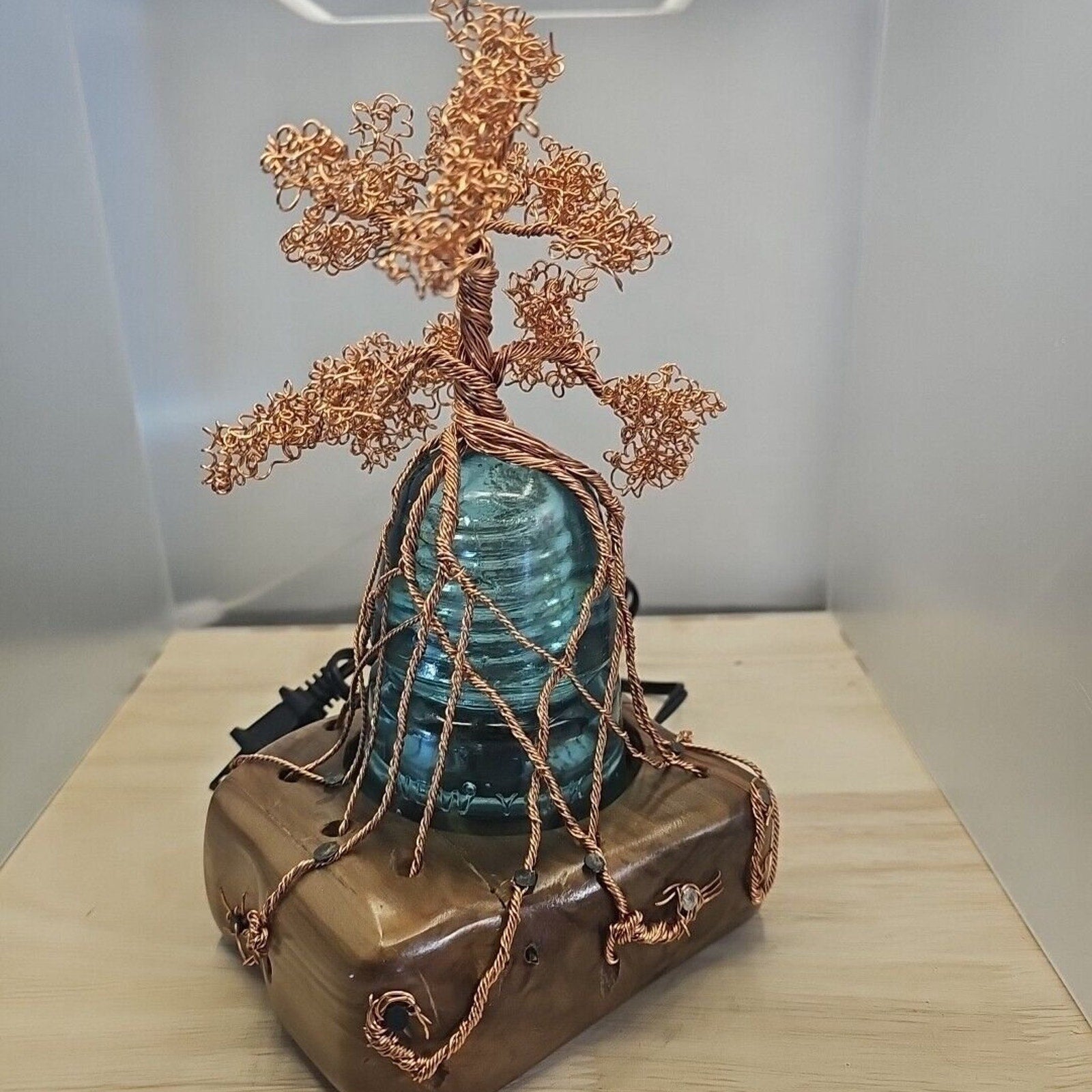 Copper Wire Bonsai Tree On Lighted Glass Insulator And Wood Base 10" Handcrafted