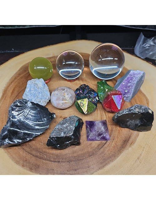Load image into Gallery viewer, Mix Crystal Lot 2 Glass Sphere, Selenite, Obsidian, Amethyst, Agate,titanium
