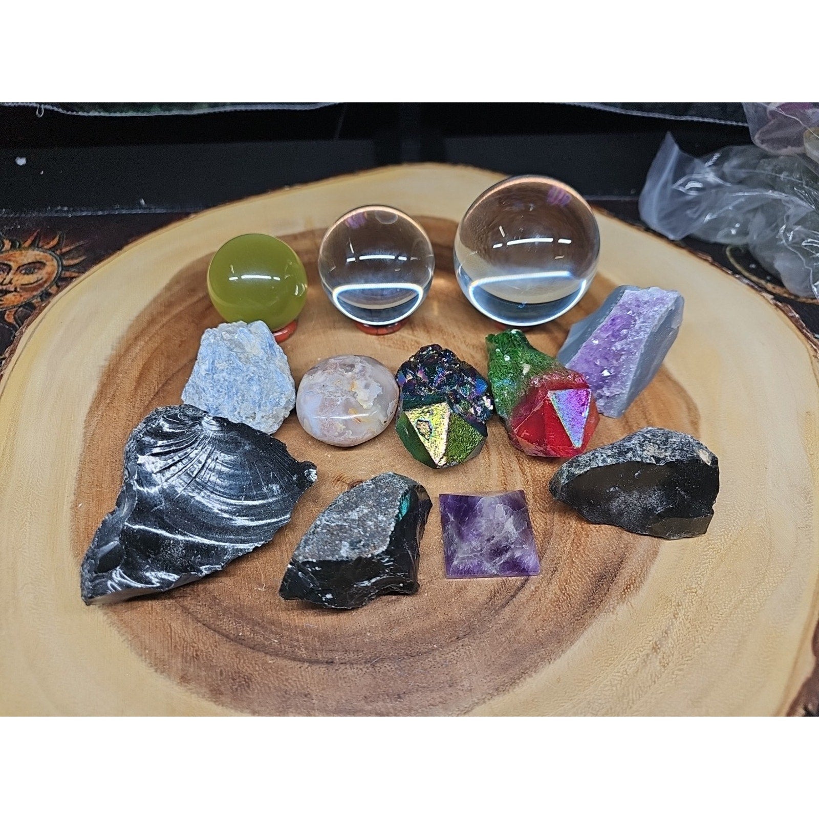 Mix Crystal Lot 2 Glass Sphere, Selenite, Obsidian, Amethyst, Agate,titanium