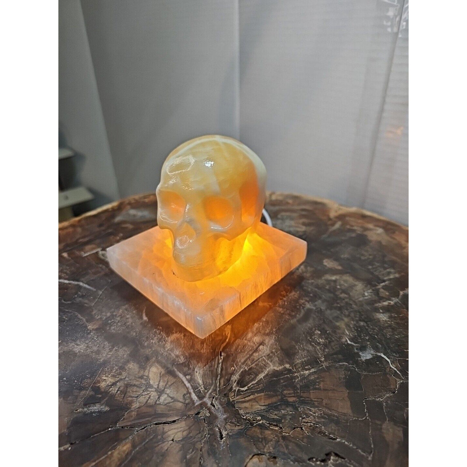 2.17LB 2Pcs Natural Translucent Calcite Crystal Skull W/satin Spar Base & Led