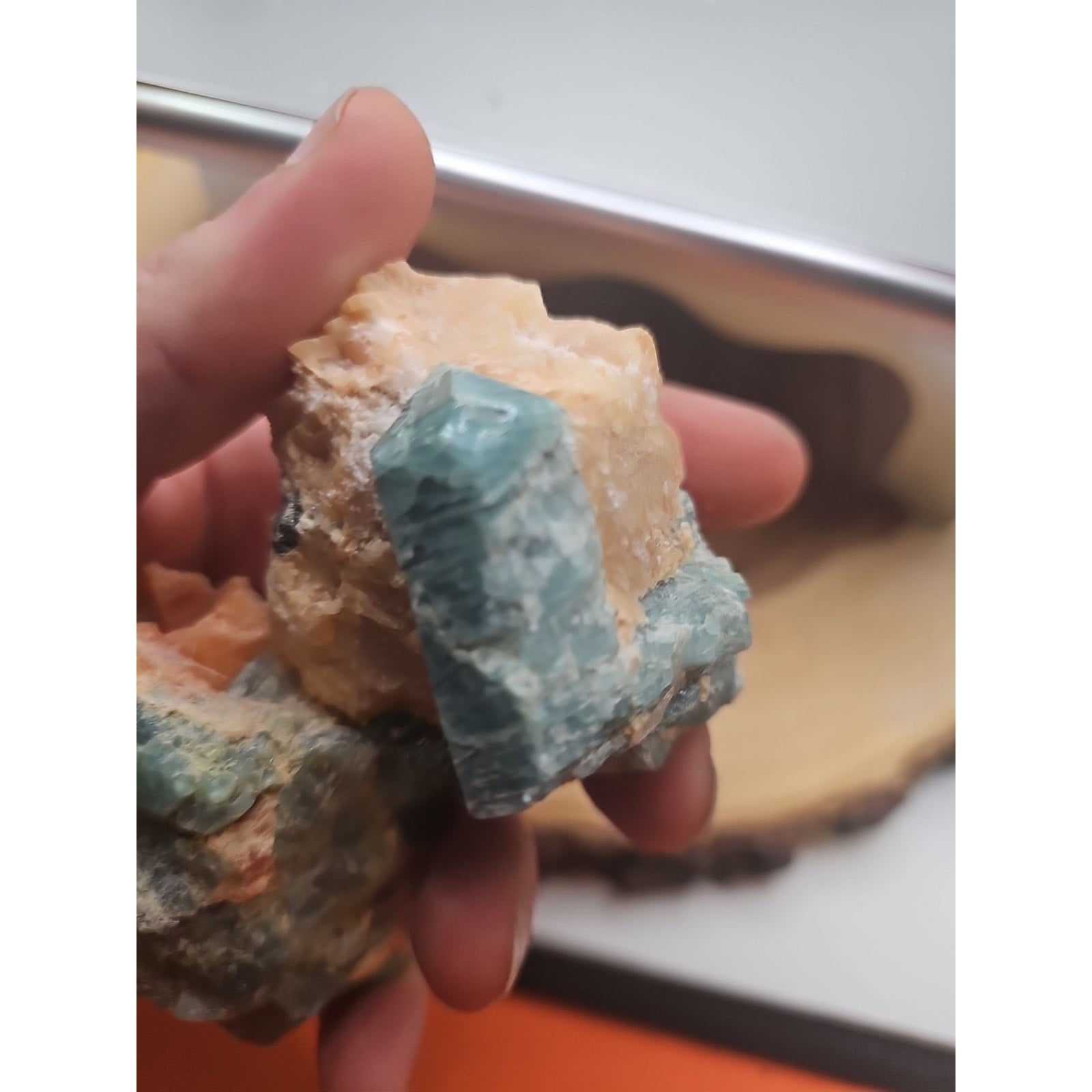 Fluorapatite On Orange Calcite 2pc Raw Specimen. 90lbs