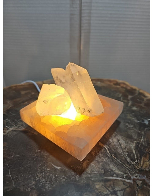 Load image into Gallery viewer, 1.24lb Satin spar recharging plate W/ 3pcs Huge Quartz Crystals &amp; Led Light
