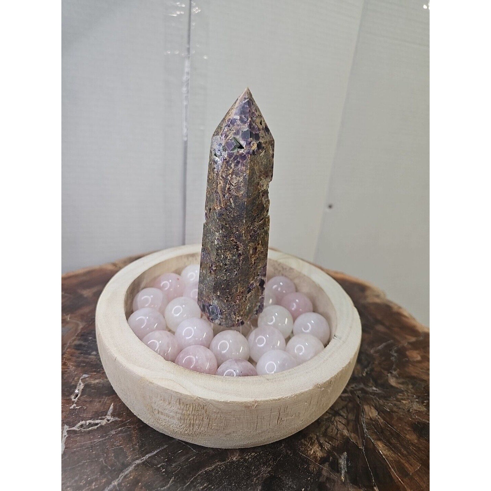 1.90LB 1Pcs Natural Purple Tower & 22 Rose Quartz Crystal Spheres W/wood Bowl