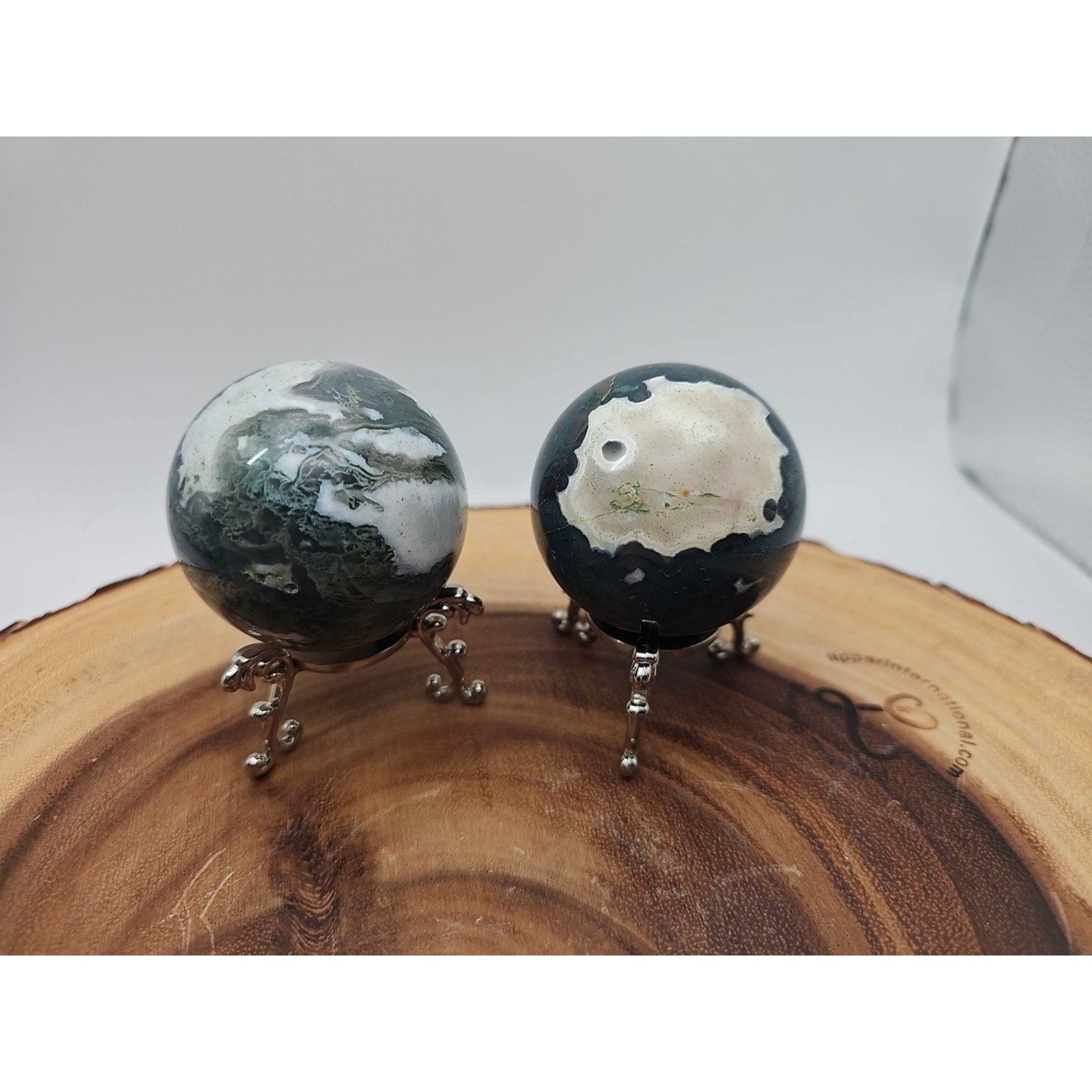 1 Pair Moss Tree Agate Sphere W/Stand 52mm .93lb