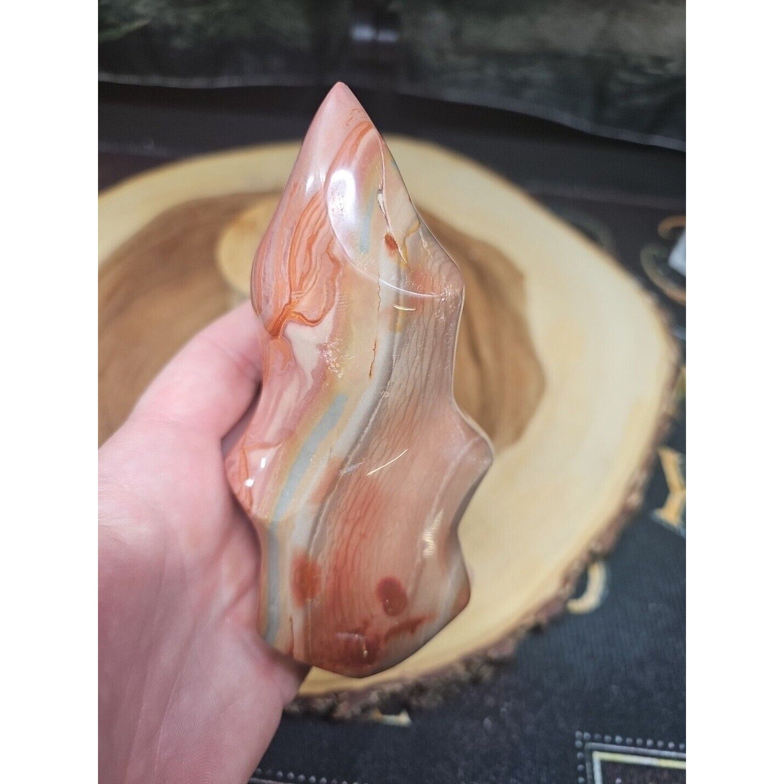 1.15LB 1Pcs Natural Polychrome Ocean Jasper Crystal Flame Point Carved Healing