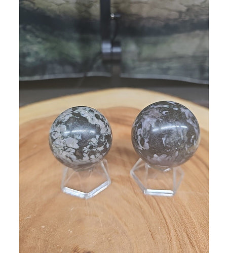 1 Pair Natural Black Flower of Fog Jasper Quartz Crystal Sphere W/stands 40mm
