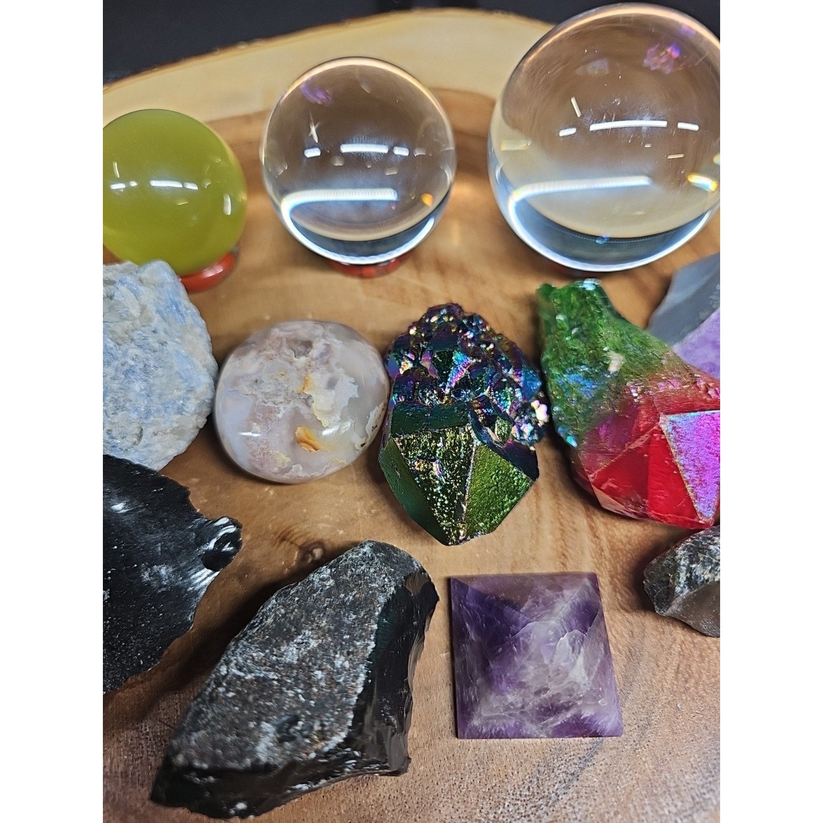 Mix Crystal Lot 2 Glass Sphere, Selenite, Obsidian, Amethyst, Agate,titanium