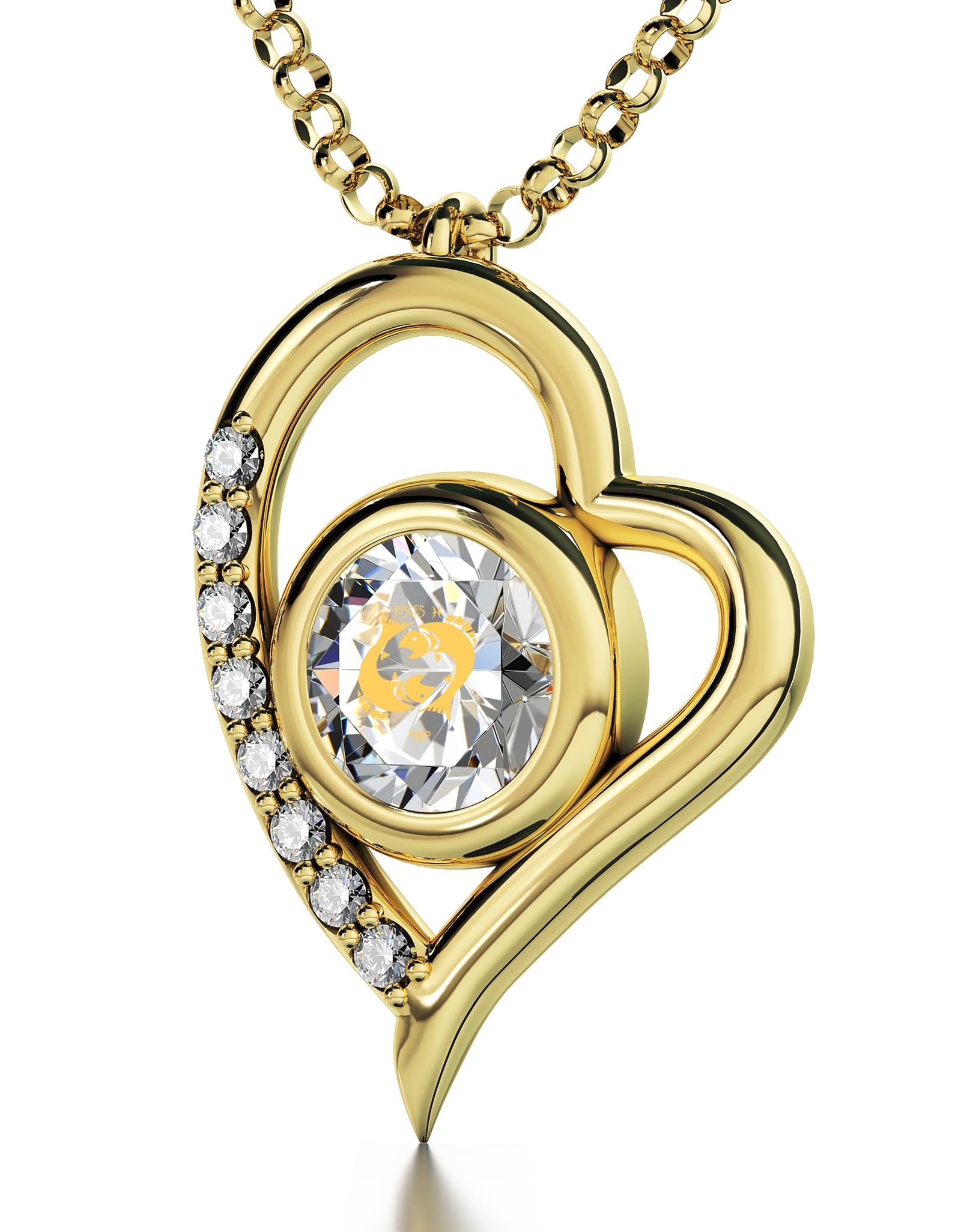 Gold Plated Silver Pisces Necklace Zodiac Heart Pendant 24k Gold Inscribed on Crystal