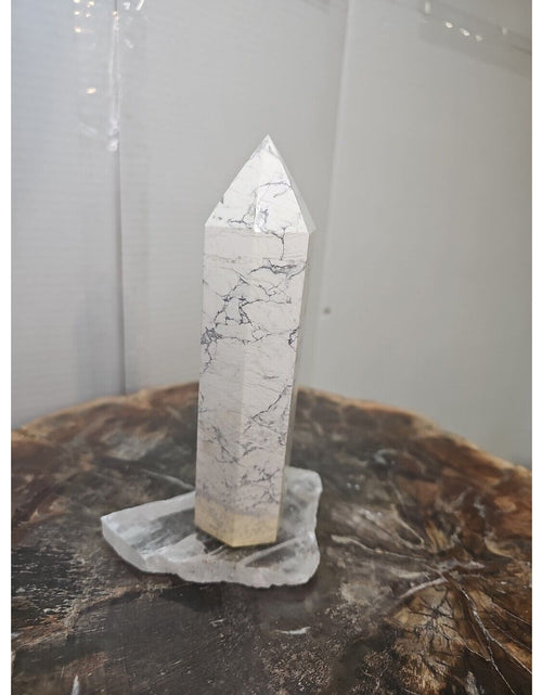 Load image into Gallery viewer, 1 Natural White Howlite Crystal Tower Obelisk Polished W/Selenite Base
