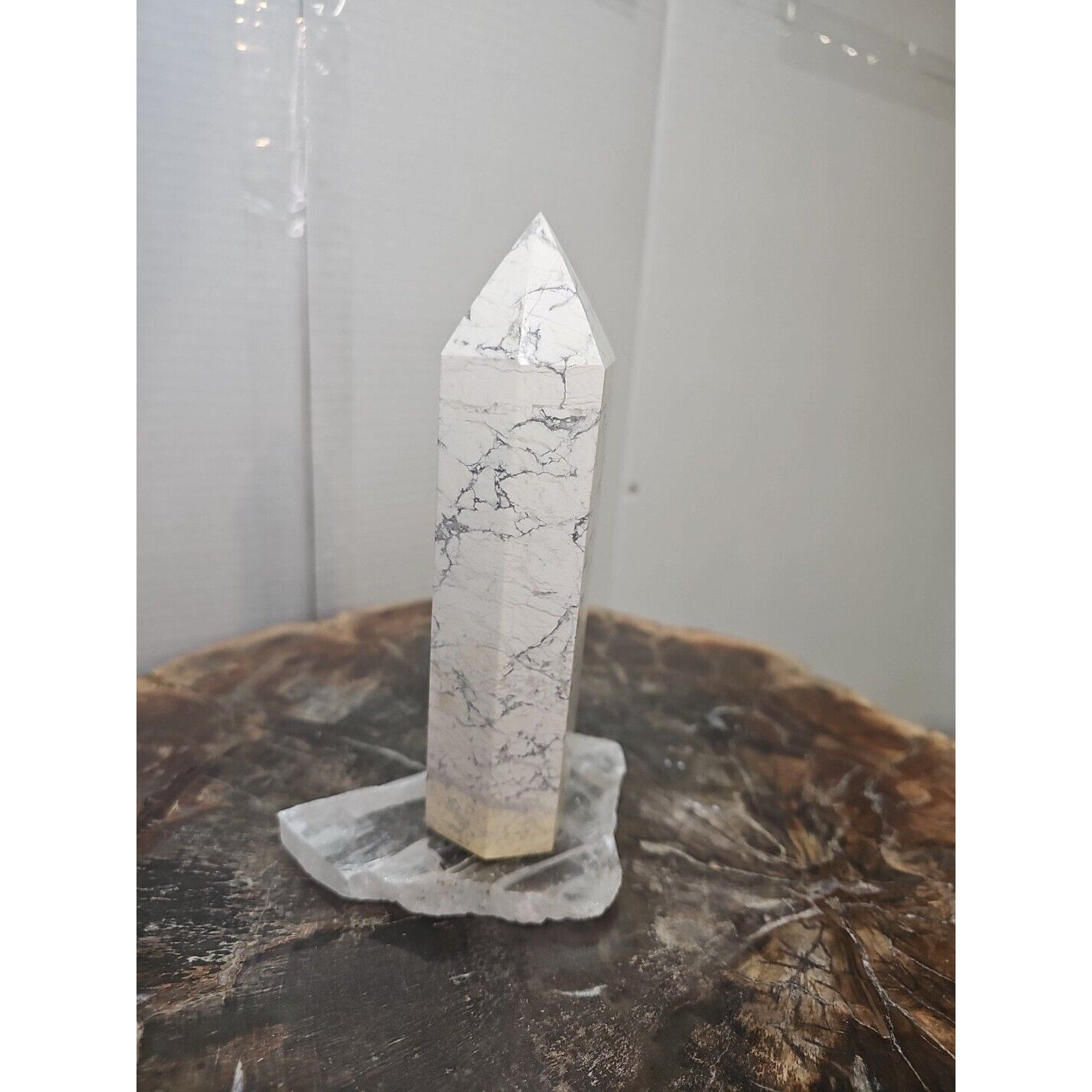 1 Natural White Howlite Crystal Tower Obelisk Polished W/Selenite Base