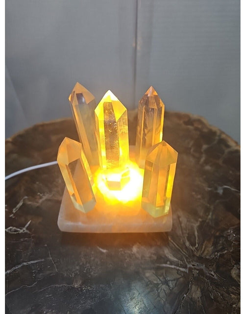 Load image into Gallery viewer, 1.34LB 5Pcs Yellow Smelt Quartz Crystal Point W/Selenite Charging Base &amp; Led
