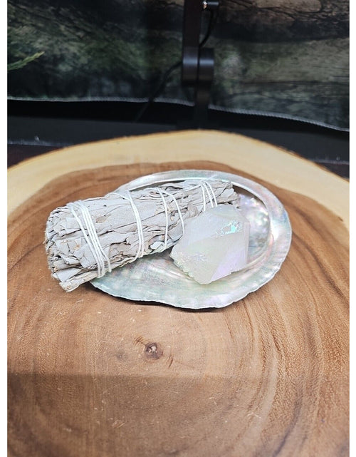 Load image into Gallery viewer, Large Abalone Shell 5-6&quot;: Smudging Sage Sticks Display Sea Shell W/Quartz Point
