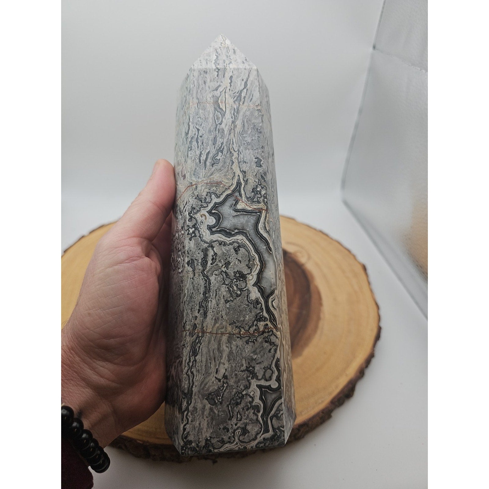 3.81LB 1Pcs Natural Gray Crazy Lace Jasper Crystal Point Tower Healing