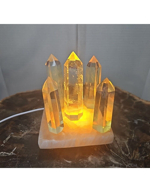 Load image into Gallery viewer, 1.34LB 5Pcs Yellow Smelt Quartz Crystal Point W/Selenite Charging Base &amp; Led
