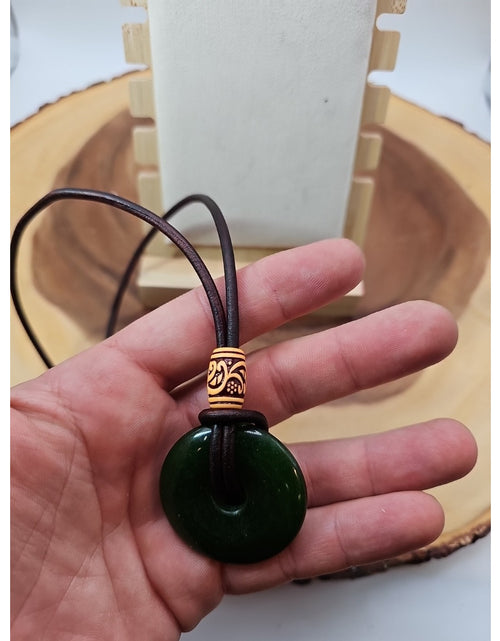 Load image into Gallery viewer, Green jade good luck pendant 16in Leather Cord
