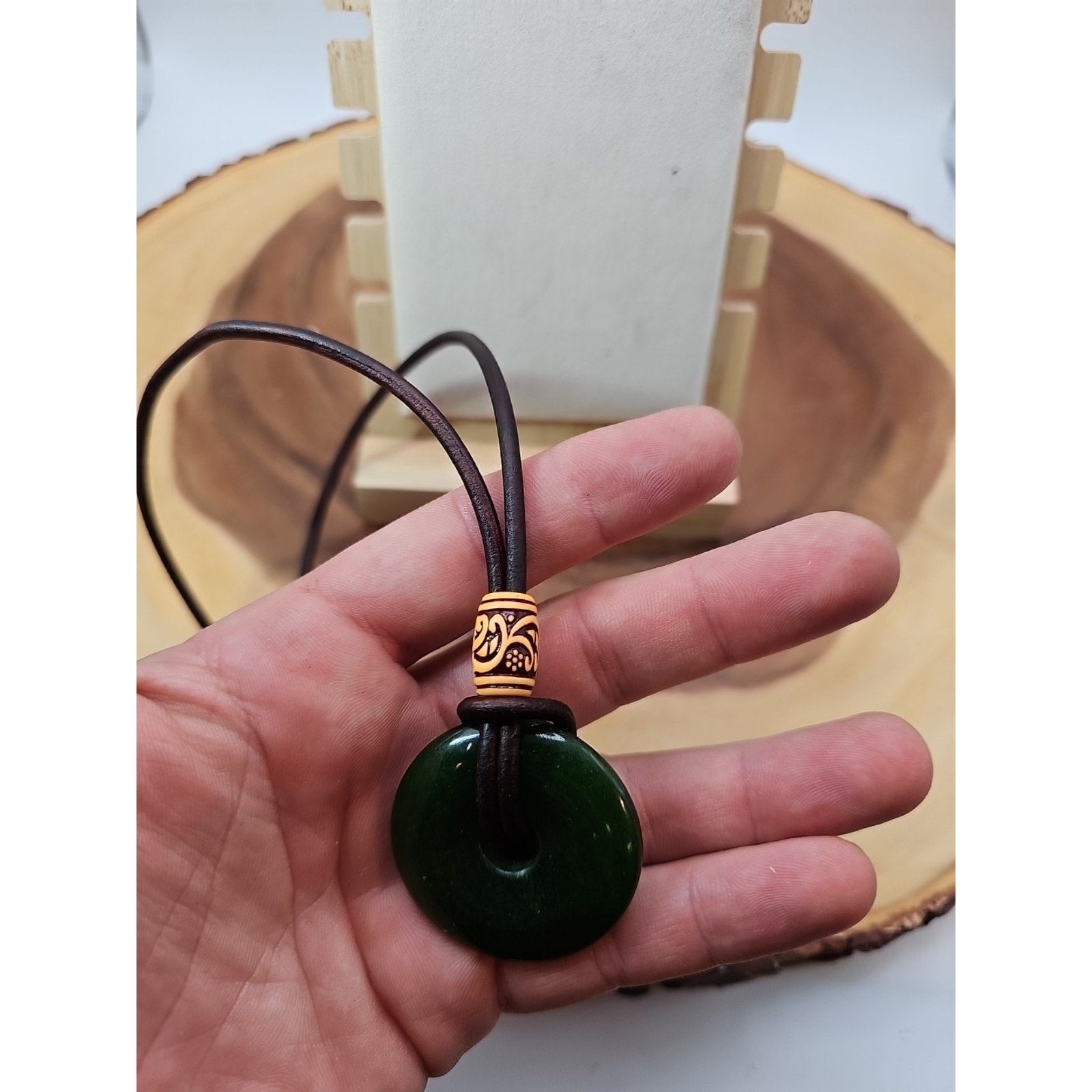 Green jade good luck pendant 16in Leather Cord