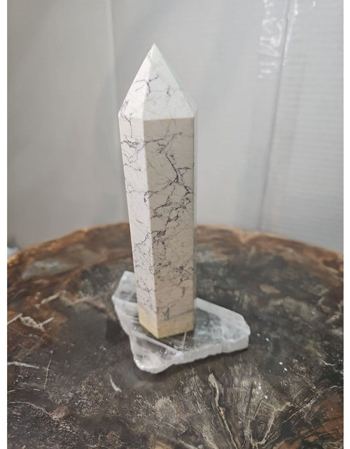 Load image into Gallery viewer, 1 Natural White Howlite Crystal Tower Obelisk Polished W/Selenite Base
