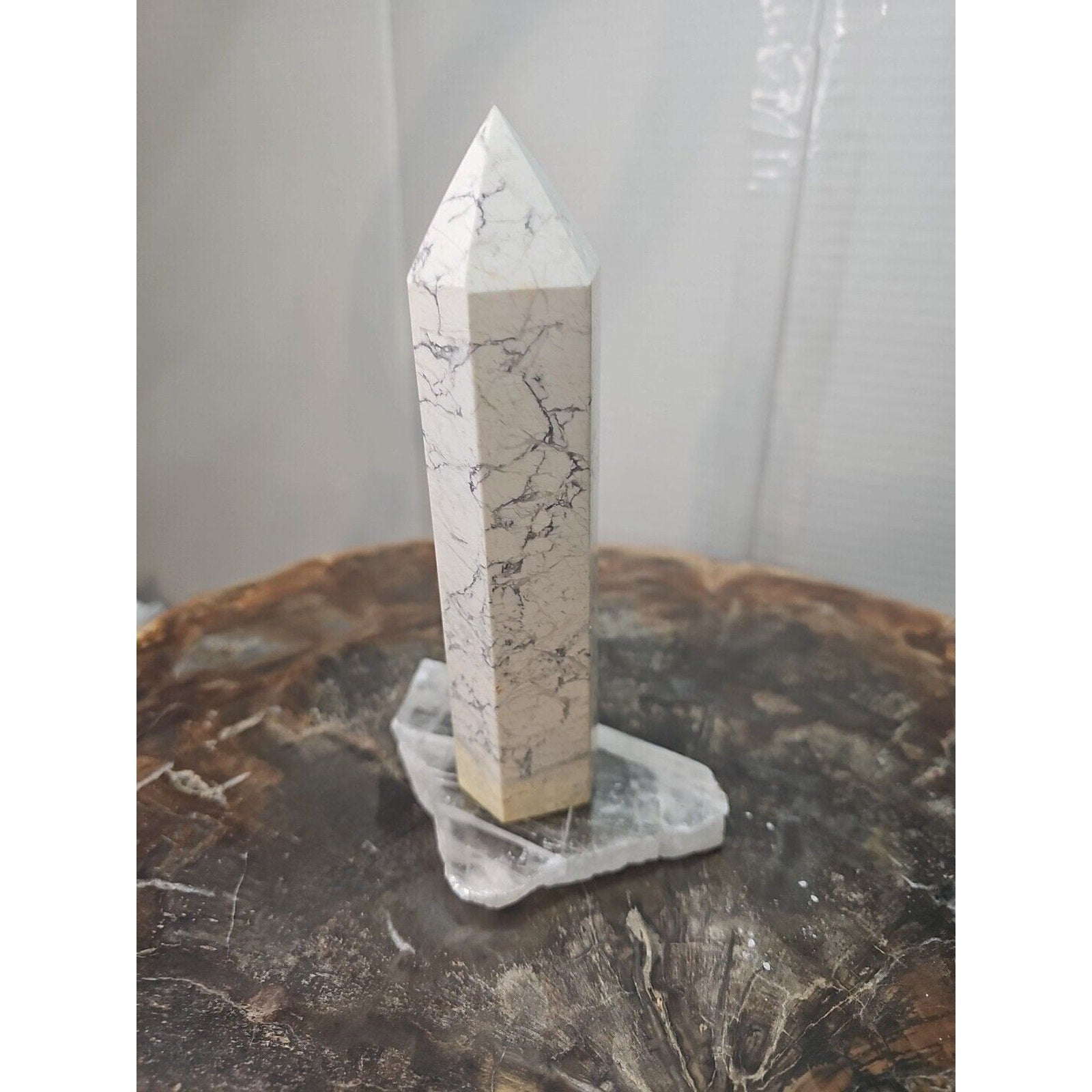 1 Natural White Howlite Crystal Tower Obelisk Polished W/Selenite Base