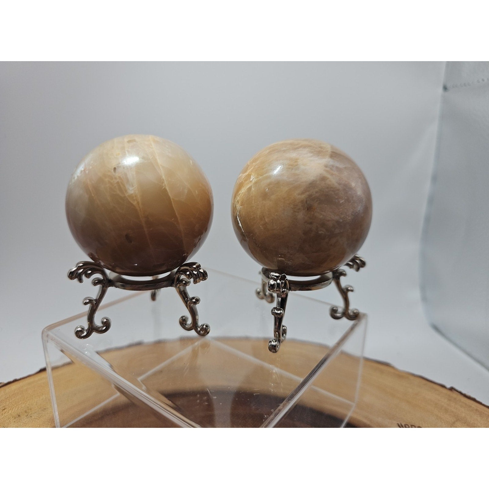Peach Moonstone Spheres 1 Pair 55mm Each W/Stands