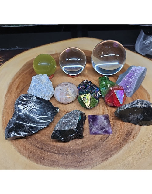 Load image into Gallery viewer, Mix Crystal Lot 2 Glass Sphere, Selenite, Obsidian, Amethyst, Agate,titanium
