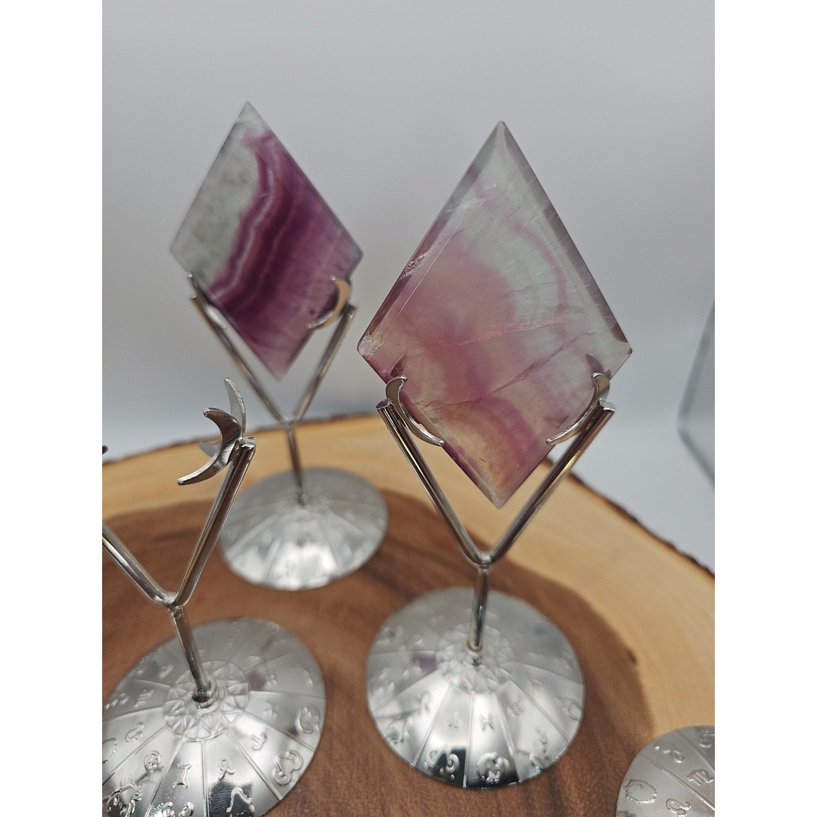 1 Each Natural Rainbow Fluorite Diamond W/ Zodiac stand