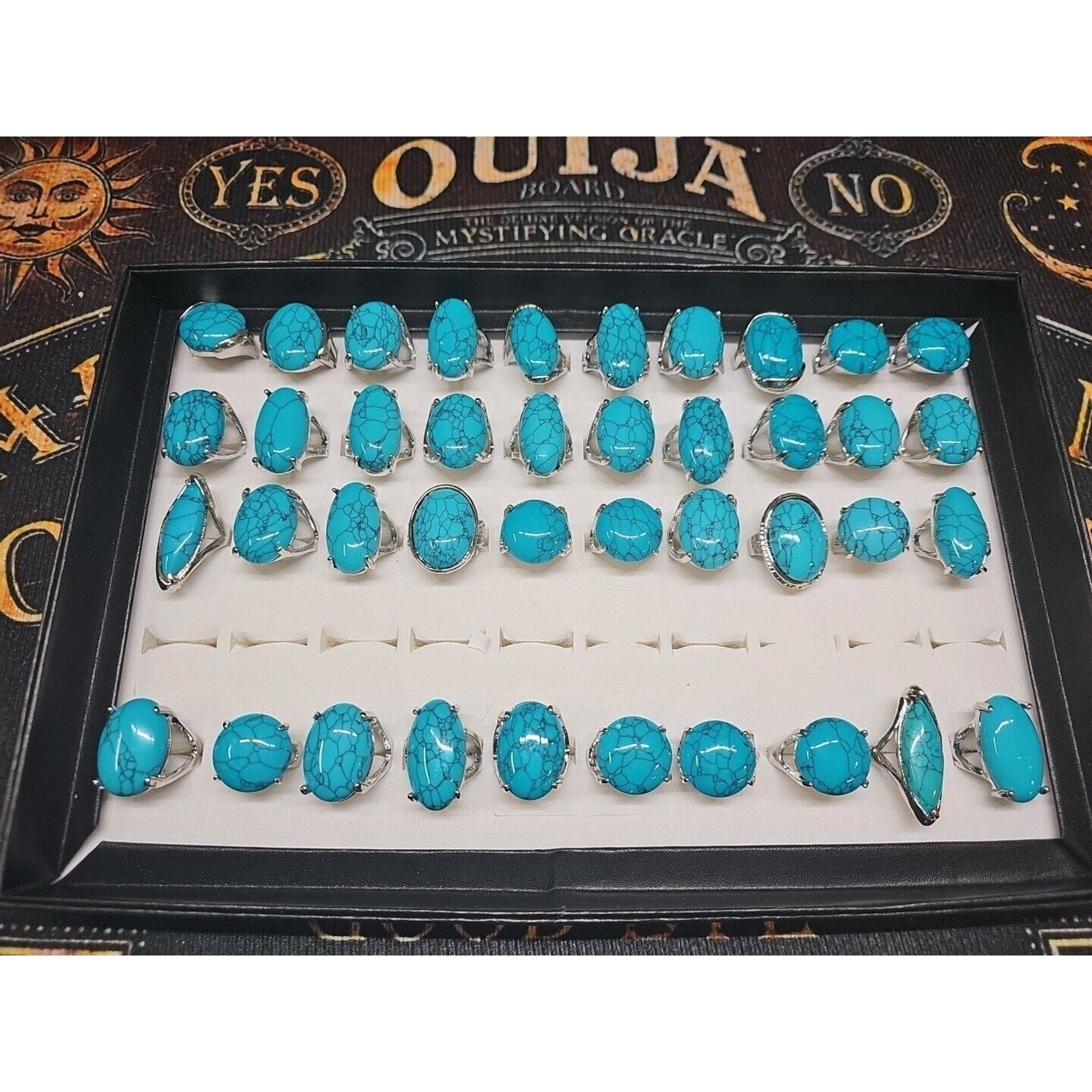 Wholesale Stone Ring Lot 40pcs W/ Box Multiple sizes Turquoise pattern