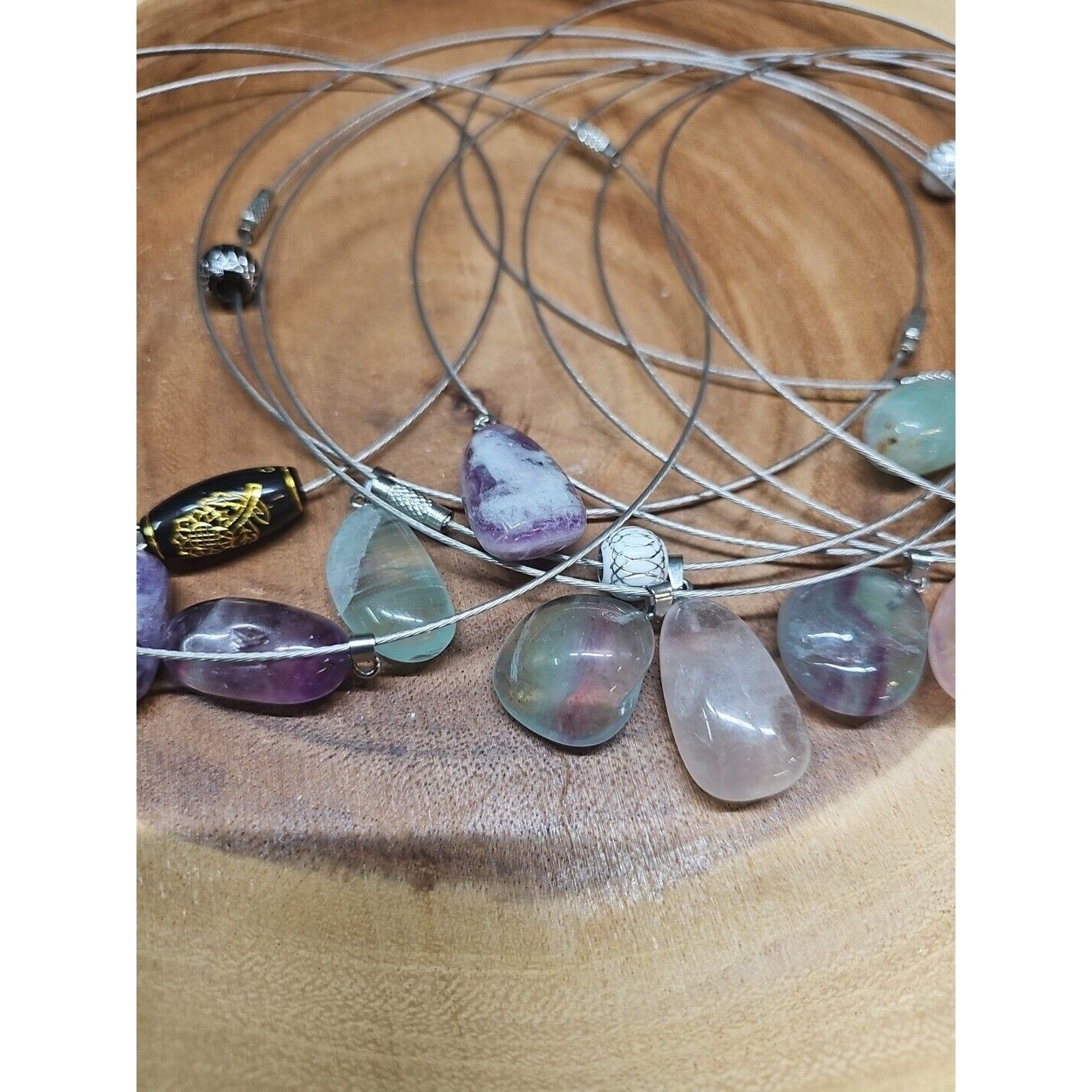 Natural stone 16in pendant necklace, stainless steel 10pc Wholesale lot