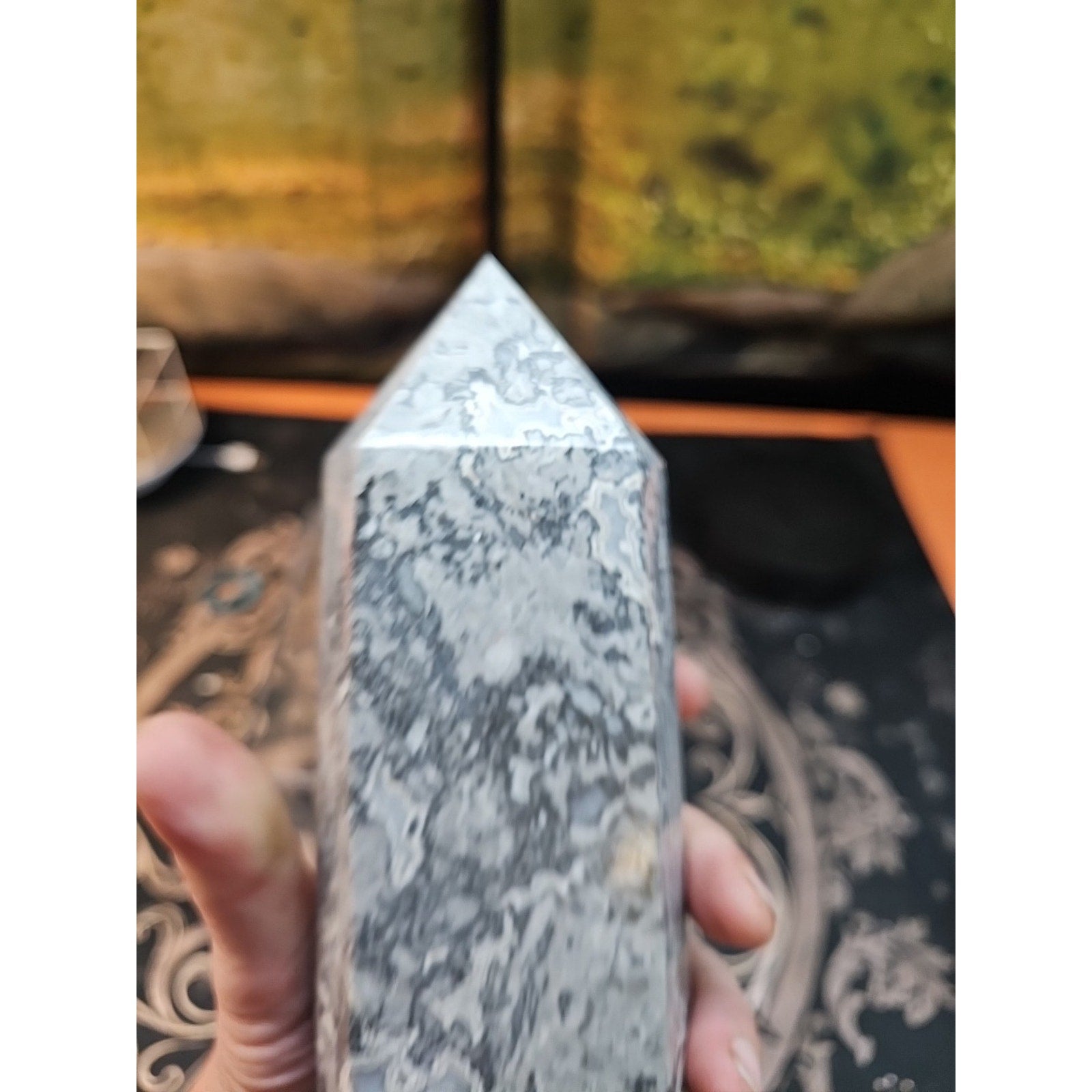 4.83lb 10in Tall Crazy Lace Jasper Crystal Point Tower Healing