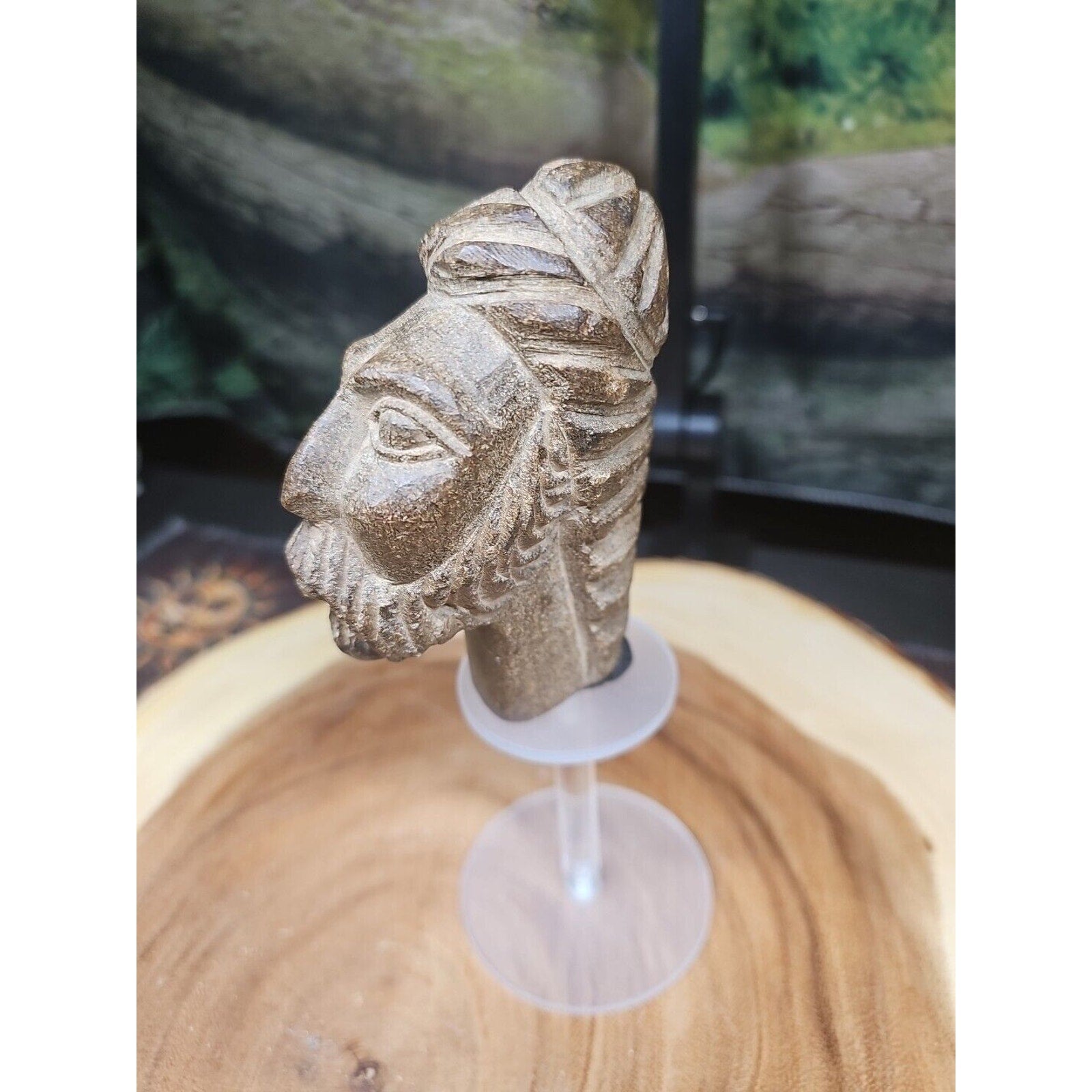 Vintage ABSTRACT STONE HEAD Sculpture Stone 1 lb W/Stand
