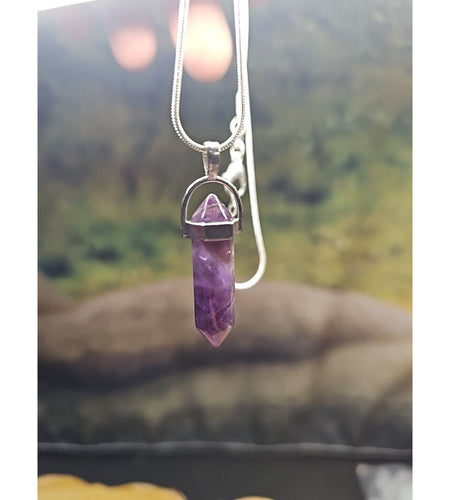 Amethyst Crystal Necklace 16in Silver Chain