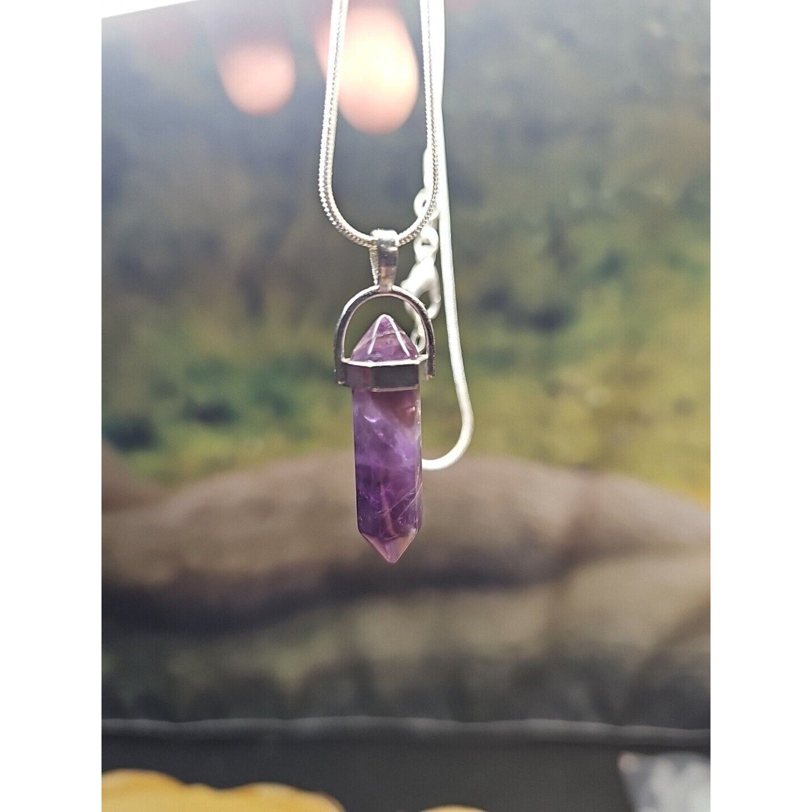 Amethyst Crystal Necklace 16in Silver Chain