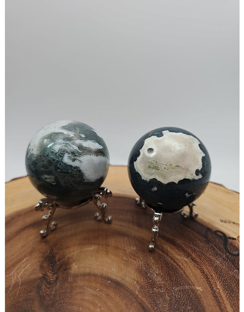 Load image into Gallery viewer, 1 Pair Moss Tree Agate Sphere W/Stand 52mm .93lb
