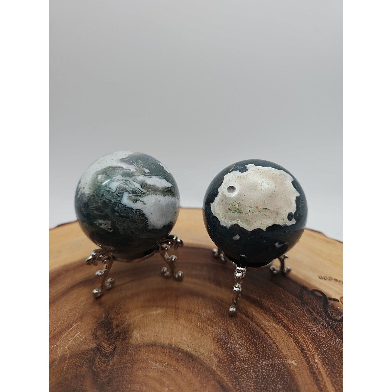 1 Pair Moss Tree Agate Sphere W/Stand 52mm .93lb