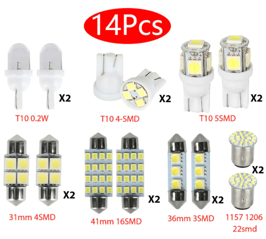 14Pcs T10 36mm LED Interior Car Accessories Kit Map Dome License Plate Lights